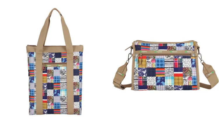 50周年經典拼布直式拉鍊托特包（左）6200元、經典拼布都會肩背包5850元。品牌提供
