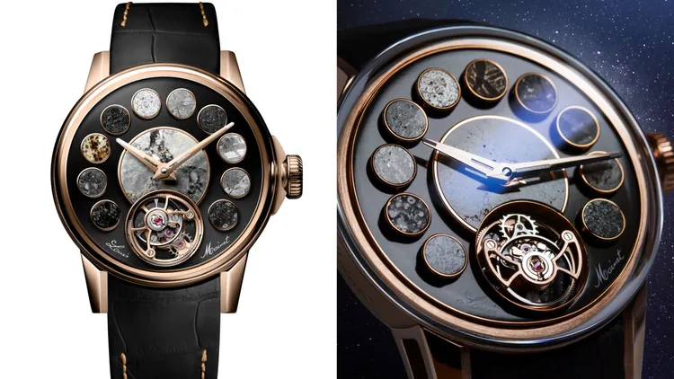 Louis Moinet COSMOPOLIS腕錶，40.7mm，5N 18K 玫瑰金錶殼，隕石錶盤，手動上鍊機芯，動力儲存96小時，防水深度30米，全球限量3只，899萬8000元。品牌提供