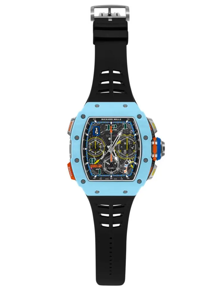Richard Mille RM 65-01自動上鏈雙秒追針計時碼錶，淡藍石英纖維款。品牌提供