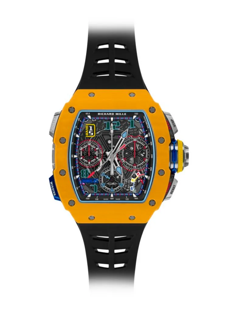 Richard Mille RM 65-01自動上鏈雙秒追針計時碼錶，深黃色石英纖維款，限量120只。品牌提供