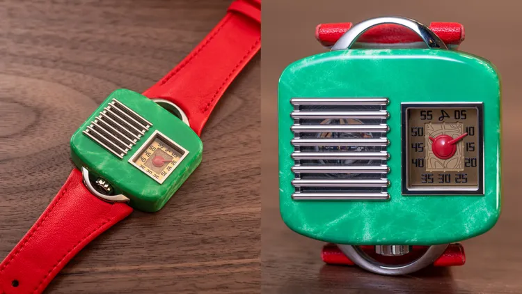 豪朗時限量版RETROVISION ’47腕錶， 39.2 x 44.4 x 12.1mm，5級鈦金屬手工彩繪錶殼，鍍金黃銅2N金錶盤，紅色小牛皮革錶帶，D20自動上鏈機械機芯，動力儲存72小時，限量10只，234萬元。品牌提供