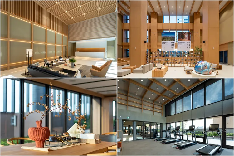 冠德安沐居 10米氣派迎賓大廳（左上）、挑高圖書館（右上）、廚藝教室（左下）、健身房（右下）等，均以格柵為元素、大面積玻璃，引光入室，營造濃濃日式簡約風格自然寧靜空間。