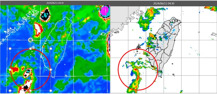 今(11)日4：30紅外線雲圖顯示，台灣上空雲層消散，西南部近海另有雲系接近中(左圖)，伴隨降水回波(右圖)。氣象應用推廣基金會