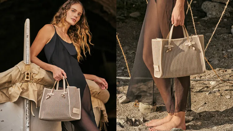 Marcella條紋托特包以棉質混紡面料拼接皮革短提把。品牌提供