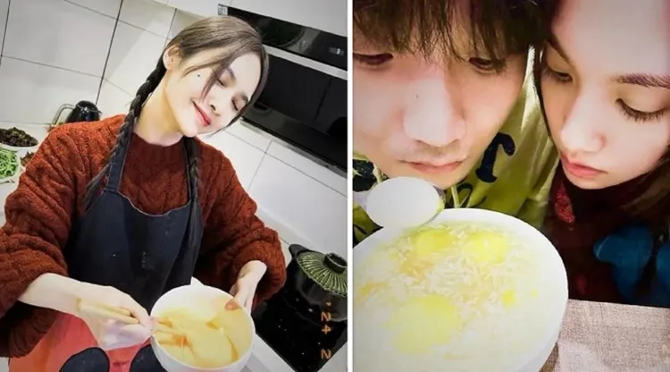 今年2月楊丞琳下廚做年夜菜，與老公李榮浩一起看著成品。翻攝楊丞琳微博