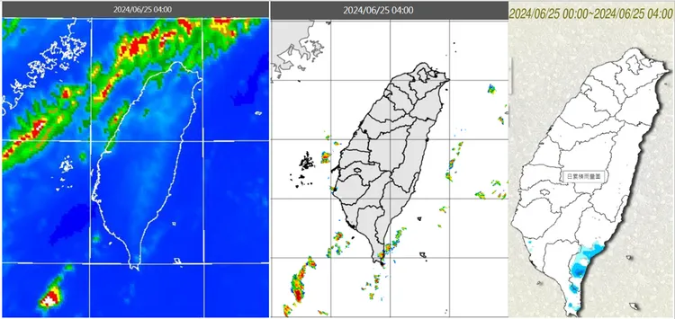 今(25日)晨4時紅外線色調強化雲圖顯示，北台灣有高空卷雲移入(左圖)。4時雷達回波合成圖顯示，巴士海峽有零星回波北上(中圖)，4時累積雨量圖顯示，台東及恆春半島有昨晚殘餘的降雨(右圖)。氣象應用推廣基金會