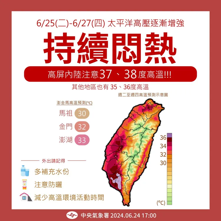 全台持續悶熱，外出要注意防曬、多補充水份。氣象署提供