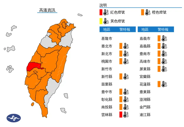 氣象署發布14縣市高溫警戒。氣象署提供
