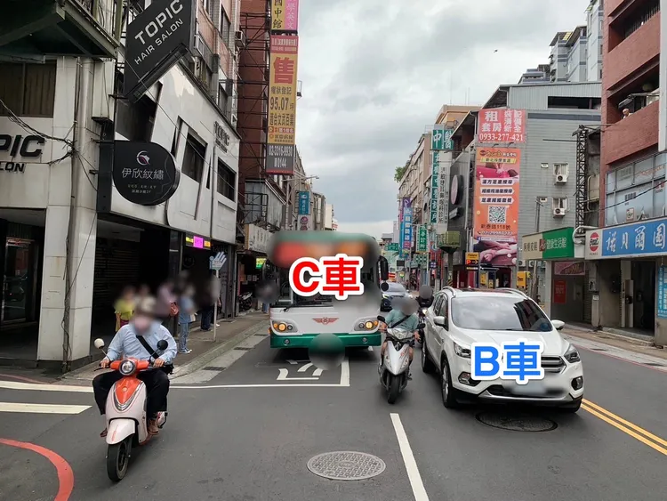女騎士從外側騎到內側與小客車B碰撞，接著車體被A公車輾過，所幸人僅擦傷。翻攝畫面