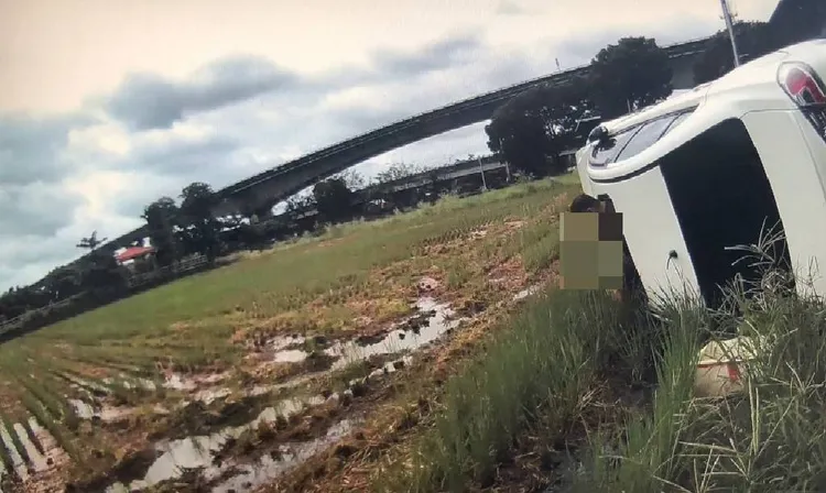陳男拒檢逃逸，自撞後翻車，摔進農田，側立田邊。翻攝畫面 