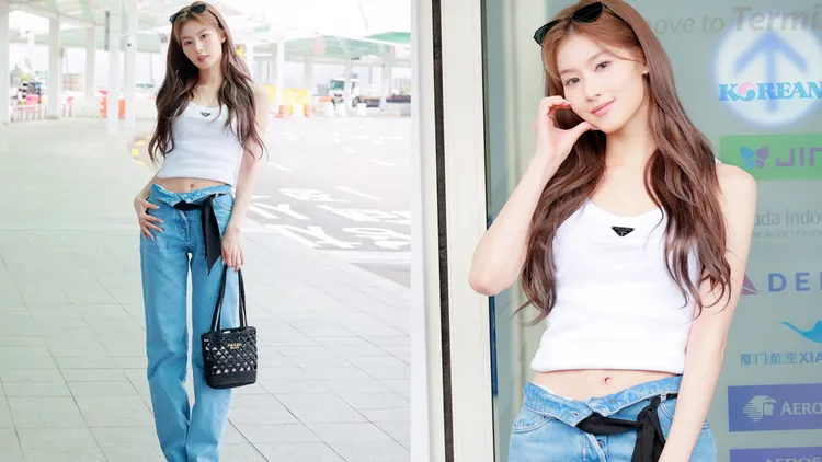 Sana白色背心、直筒牛仔褲的造型同樣十分青春。品牌提供