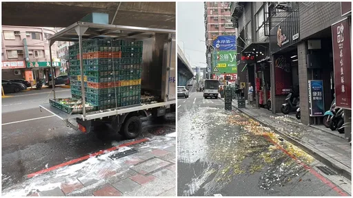 貨車轉彎雞蛋好幾籃甩出 馬路立刻變成大型蛋餅餐檯