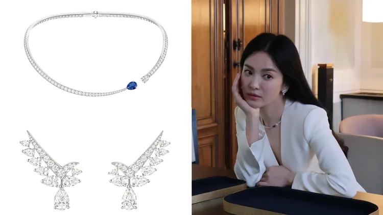 珠寶展上她選戴Joséphine Duo Éternel 18K白金項鍊和Joséphine Valse Impériale 18K白金耳環，點綴出優雅氣韻。單品圖品牌提供、右圖翻攝宋慧喬IG