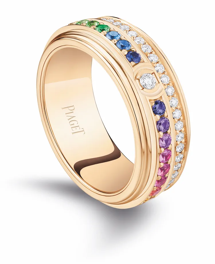 PIAGET Possession系列18K玫瑰金窄版彩色寶石戒指，45萬元。品牌提供