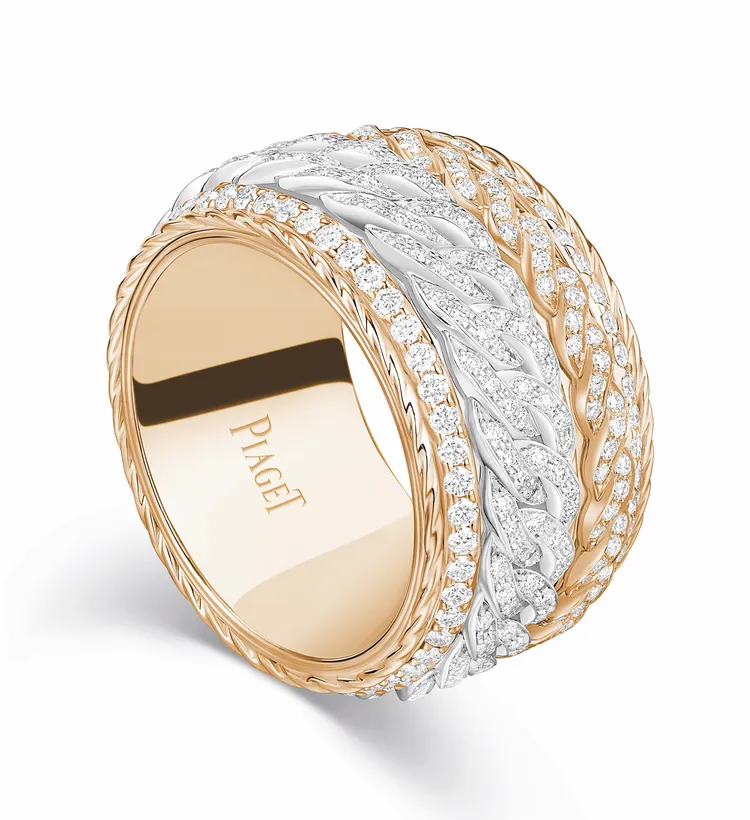 PIAGET Possession系列18K玫瑰金寬版馬銜索鍊鑽石戒指，112萬元。品牌提供