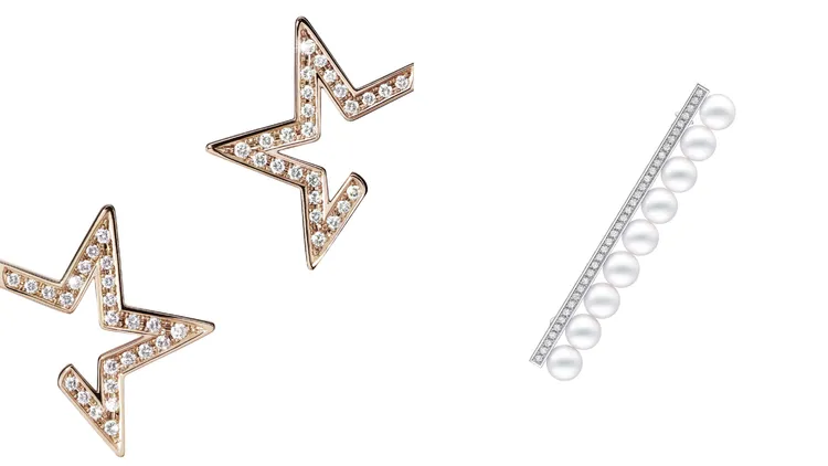 TASAKI abstract star鑽石櫻花金耳環（左圖）22萬7000元、balance ikonic鑽石別針（右圖）32萬2000元。品牌提供