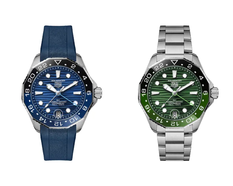 泰格豪雅Aquaracer Professional 300 GMT腕錶，42mm，拋光精細磨砂精鋼錶殼，太陽放射紋磨砂及波浪紋裝飾錶面，橡膠錶帶/三板帶精鋼錶鍊，TH31-03自動機芯，動力儲80小時，防水深度300米，橡膠錶帶款13萬1200元、精鋼錶鏈款13萬8000元。品牌提供