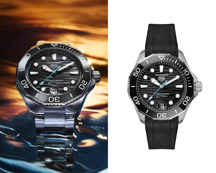 泰格豪雅Aquaracer Professional 300日期腕錶，42mm，拋光精細磨砂精鋼錶殼，太陽放射紋磨砂及波浪紋裝飾錶面，橡膠錶帶/三板帶精鋼錶鍊，TH31-00自動機芯，動力儲存80小時，防水深度300米，橡膠錶帶款11萬7800元、精鋼錶鏈款12萬4500元。品牌提供