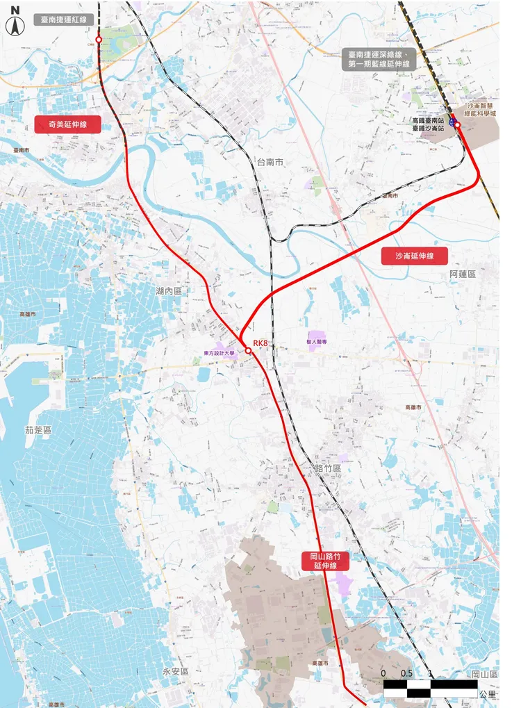 高捷路網規劃奇美線及沙崙線路線圖。捷運局提供