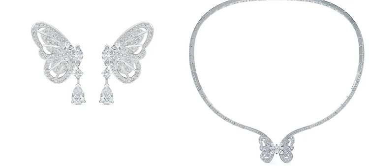 De Beers Portraits of Nature 系列butterfly高級珠寶鑽石耳環（左圖）147萬元、鑽石項鍊（右圖）143萬5000元。品牌提供