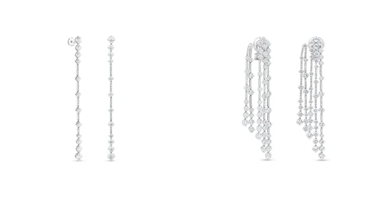 De Beers Arpeggia單行鑽石耳環（左圖）104萬5000元、Arpeggia高級珠寶五行鑽石耳環（右圖）278萬元。品牌提供