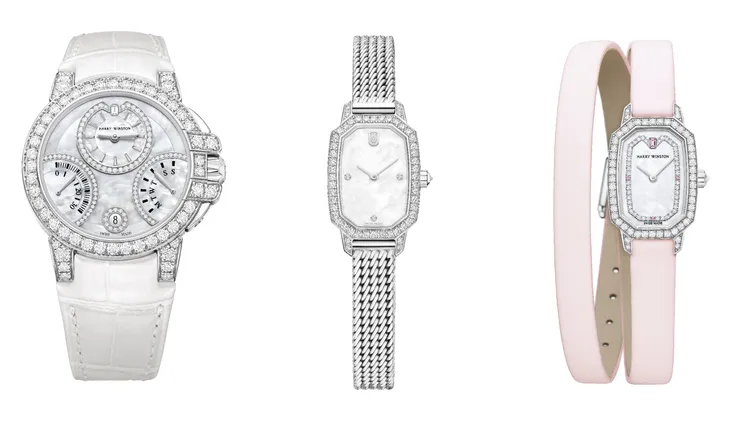 海瑞溫斯頓（左起）海洋Ocean系列雙逆跳功能36毫米自動腕錶白色鱷魚皮錶帶、印記Emerald系列18毫米腕錶18K白金錶鍊、印記Emerald系列18毫米腕錶粉色雙圈錶帶。品牌提供