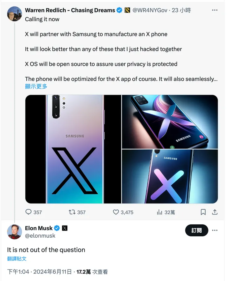 馬斯克回覆網友的貼文，引發無限想像。翻攝於Warren Redlich - Chasing Dreams X。