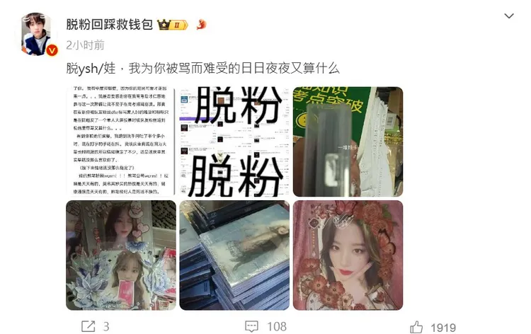 聲稱葉舒華鐵粉的中國網友宣告脫粉。翻攝脫粉回踩救錢包微博