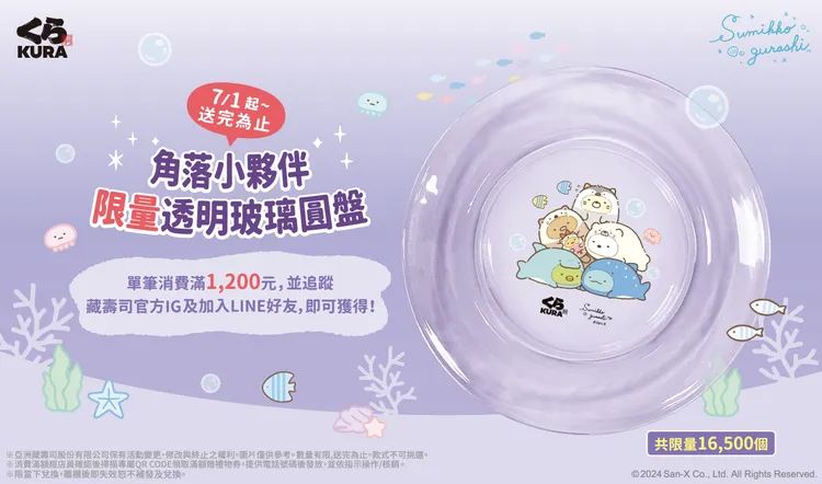 藏壽司6/17起滿額贈接力開跑！藏壽司「角落小夥伴」滿額贈 透明玻璃圓盤限量開贈。業者提供