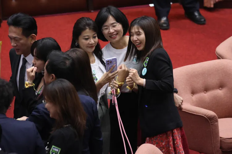 民進黨立委們拿著支持者送的黃蓮花、手鍊等飾品進議場投票。彭欣偉攝