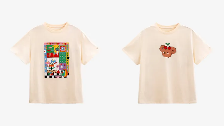 「卡肉老ㄙ聯名款」台灣主題圖案印花寬版短袖T（左）1850元、冰狗室圖案印花寬版短袖T 1850元。品牌提供