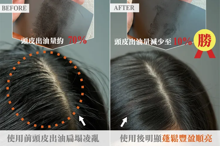 ▲ 以吸油面紙作抗油膩測試，使用「朵蔓Phyto Derma草本頭皮養護套組」可看到前後油膩與清爽的明顯差異。