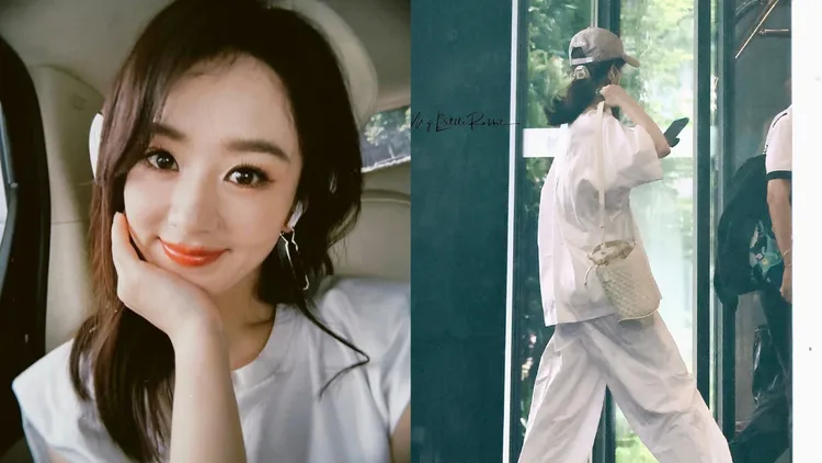 趙麗穎搭配以磚牆為設計靈感的Pin Mini Bucket Arsenal。左圖翻攝趙麗穎微博、右圖翻攝My﹒Little Rabbit微博