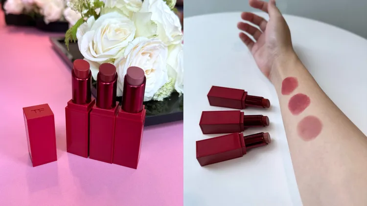 TOM FORD設計師絲絨霧光唇膏，（左圖上至下）#52、#90、#94，各2150元。張家玲攝