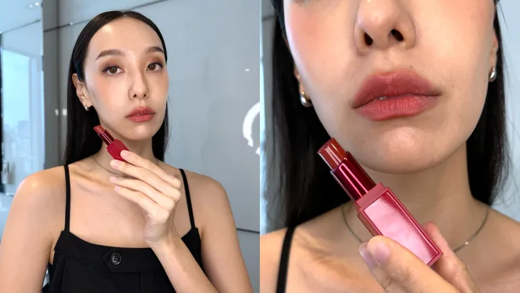 Model示範設計師絲絨霧光唇膏#52。張家玲攝