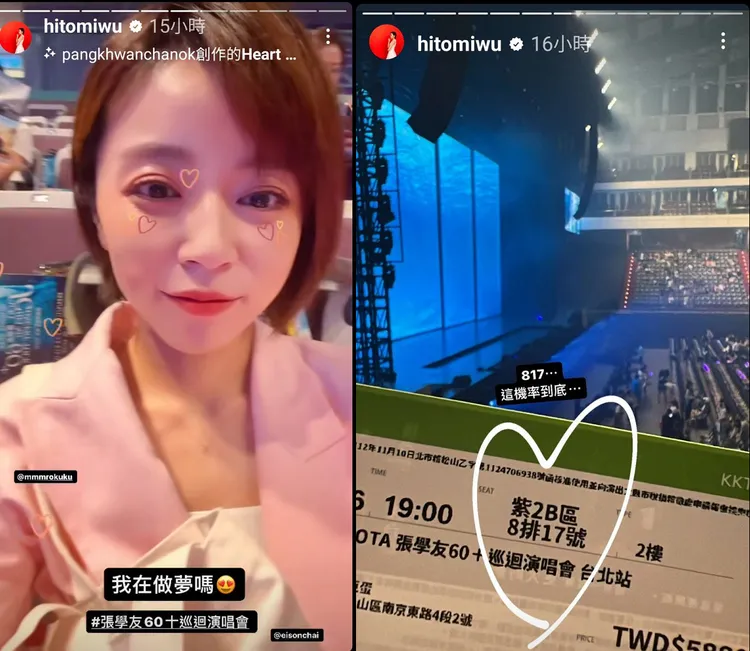 王瞳昨朝聖張學友演唱會，座位號碼恰巧是艾成的忌日。翻攝hitomiwu IG