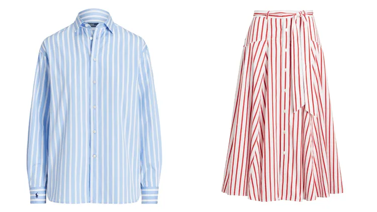 Polo Ralph Lauren 條紋襯衫、條紋A字半身裙。品牌提供