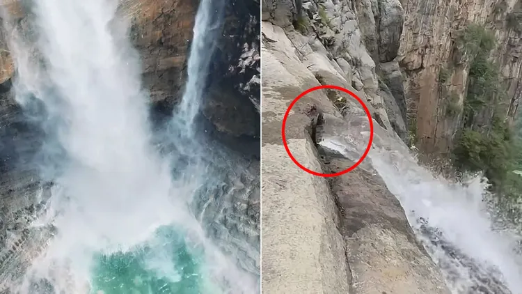 雲台天瀑被遊客揭露靠水管（紅圈處）放水。翻攝自微博