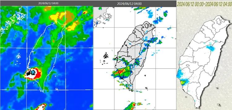今(12)日4時紅外線雲圖顯示，西南部有局部性「大雷雨」發生(左圖)，伴隨降水回波(中圖)及降雨(右圖)。氣象應用推廣基金會