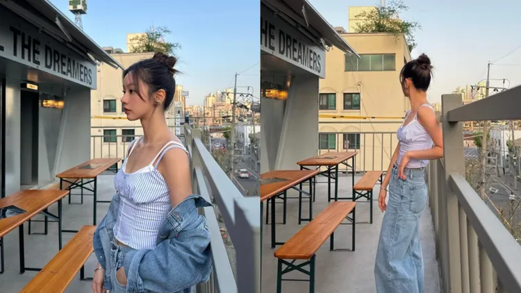 惠利以條紋細肩帶背心曬出優美天鵝頸。翻攝惠利IG