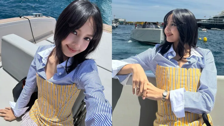 Lisa將條紋襯衫疊穿馬甲洋裝。翻攝Lisa IG