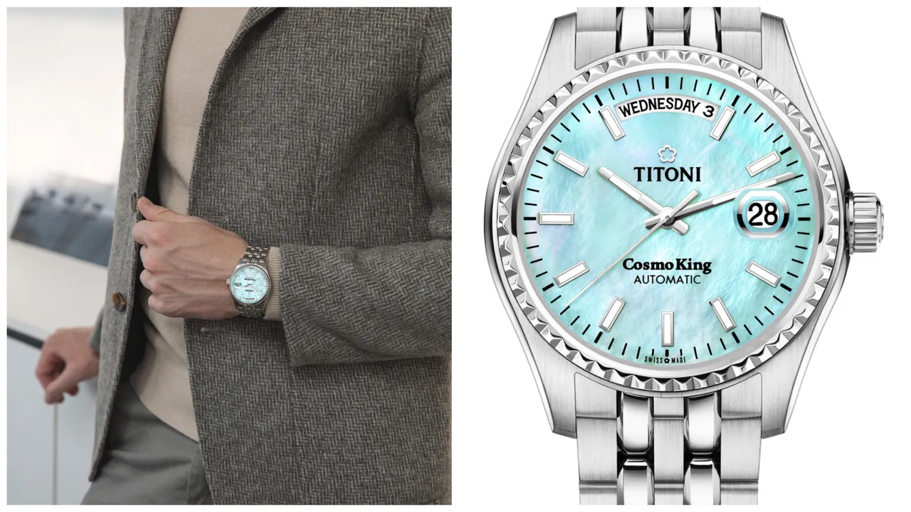 梅花錶COSMO宇宙系列腕錶,40mm,不鏽鋼錶殼,綠松石色珍珠母貝錶面,霧亮交織不鏽鋼鍊帶,ETA2834-2自動上鍊機芯,防水深度100米,4萬1400元。品牌提供