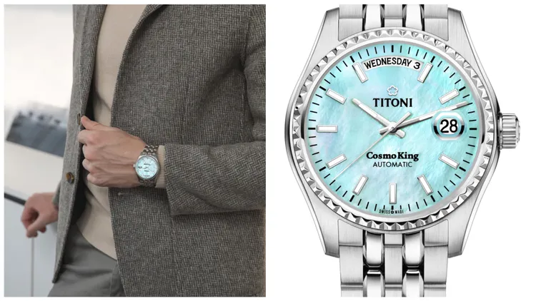 梅花錶COSMO宇宙系列腕錶，40mm，不鏽鋼錶殼，綠松石色珍珠母貝錶面，霧亮交織不鏽鋼鍊帶，ETA2834-2自動上鍊機芯，防水深度100米，4萬1400元。品牌提供