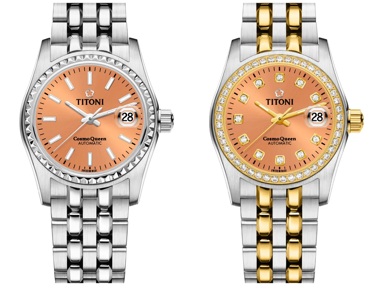 梅花錶COSMO宇宙系列腕錶,27mm,不鏽鋼錶殼,鮭魚色太陽紋拉絲絨錶面,霧亮交織不鏽鋼鍊帶/霧亮交織半金錶帶,Sellita SW-100自動上鍊機芯,防水深度100米,左圖3萬5400元、右圖4萬2700元。品牌提供