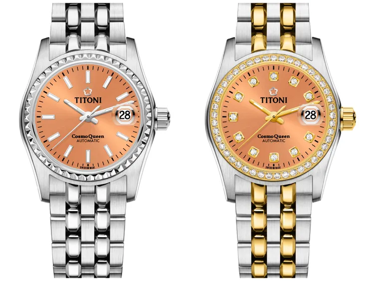 梅花錶COSMO宇宙系列腕錶，27mm，不鏽鋼錶殼，鮭魚色太陽紋拉絲絨錶面，霧亮交織不鏽鋼鍊帶/霧亮交織半金錶帶，Sellita SW-100自動上鍊機芯，防水深度100米，左圖3萬5400元、右圖4萬2700元。品牌提供