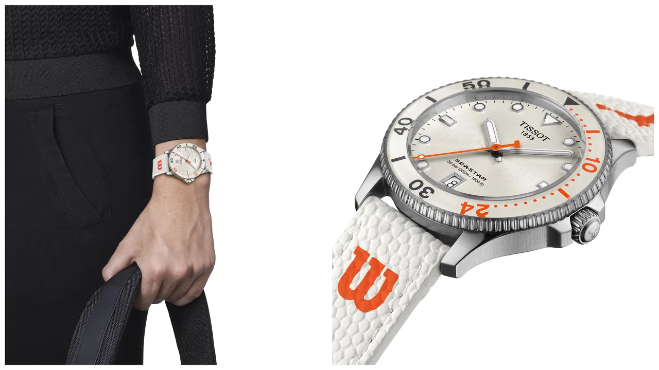 天梭Seastar Wilson WNBA石英款腕錶,40mm,316L精鋼錶殼,白色圓形拉絲面盤,EVO-nXT合成皮錶帶,Powermatic 80自動上鍊機芯,動力儲存80小時,防水深度300米,1萬4600元。品牌提供