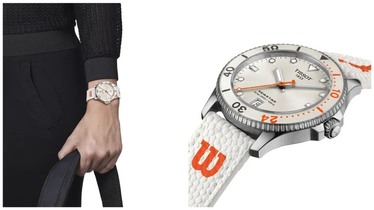 天梭Seastar Wilson WNBA石英款腕錶，40mm，316L精鋼錶殼，白色圓形拉絲面盤，EVO-nXT合成皮錶帶，Powermatic 80自動上鍊機芯，動力儲存80小時，防水深度300米，1萬4600元。品牌提供