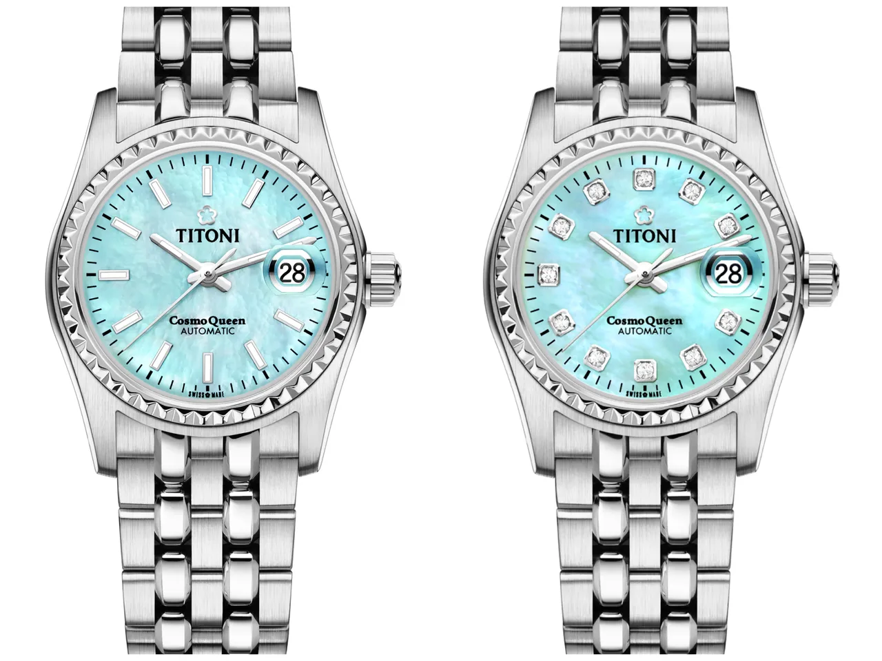 梅花錶COSMO宇宙系列腕錶,27mm,不鏽鋼錶殼,綠松石色珍珠母貝錶面,霧亮交織不鏽鋼鍊帶,Sellita SW-100自動上鍊機芯,防水深度100米,夜光棒狀時標款3萬7400元、鑽石時標款3萬8200元。品牌提供