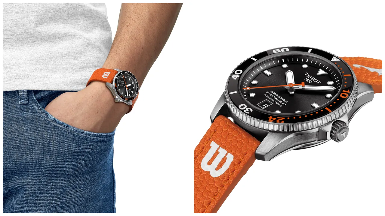 天梭Seastar Wilson WNBA自動款腕錶,40mm,316L精鋼錶殼,黑色圓形拉絲面盤,EVO-nXT合成皮錶帶,Powermatic 80自動上鍊機芯,動力儲存80小時,防水深度300米,2萬3600元。品牌提供