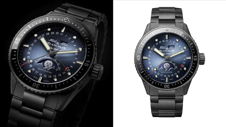Blancpain五十噚全日曆月相腕錶，43.6mm，磨砂緞面黑色陶瓷錶殼，陽光射線飾紋藍色錶盤，6654.P型機芯，動力儲存72小時，防水深度300米，磨砂緞面黑色陶瓷鏈帶83萬6000元、航海帆布錶帶59萬1000元、NATO錶帶59萬1000元。品牌提供
